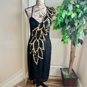 Black Tie by He-Ro Industries Vintage Beaded Sequin Cocktail Dress Black Sz 10